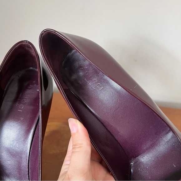GUCCI • Tile Platform Pumps stiletto heels square toe burgundy patent leather - Picture 4 of 12
